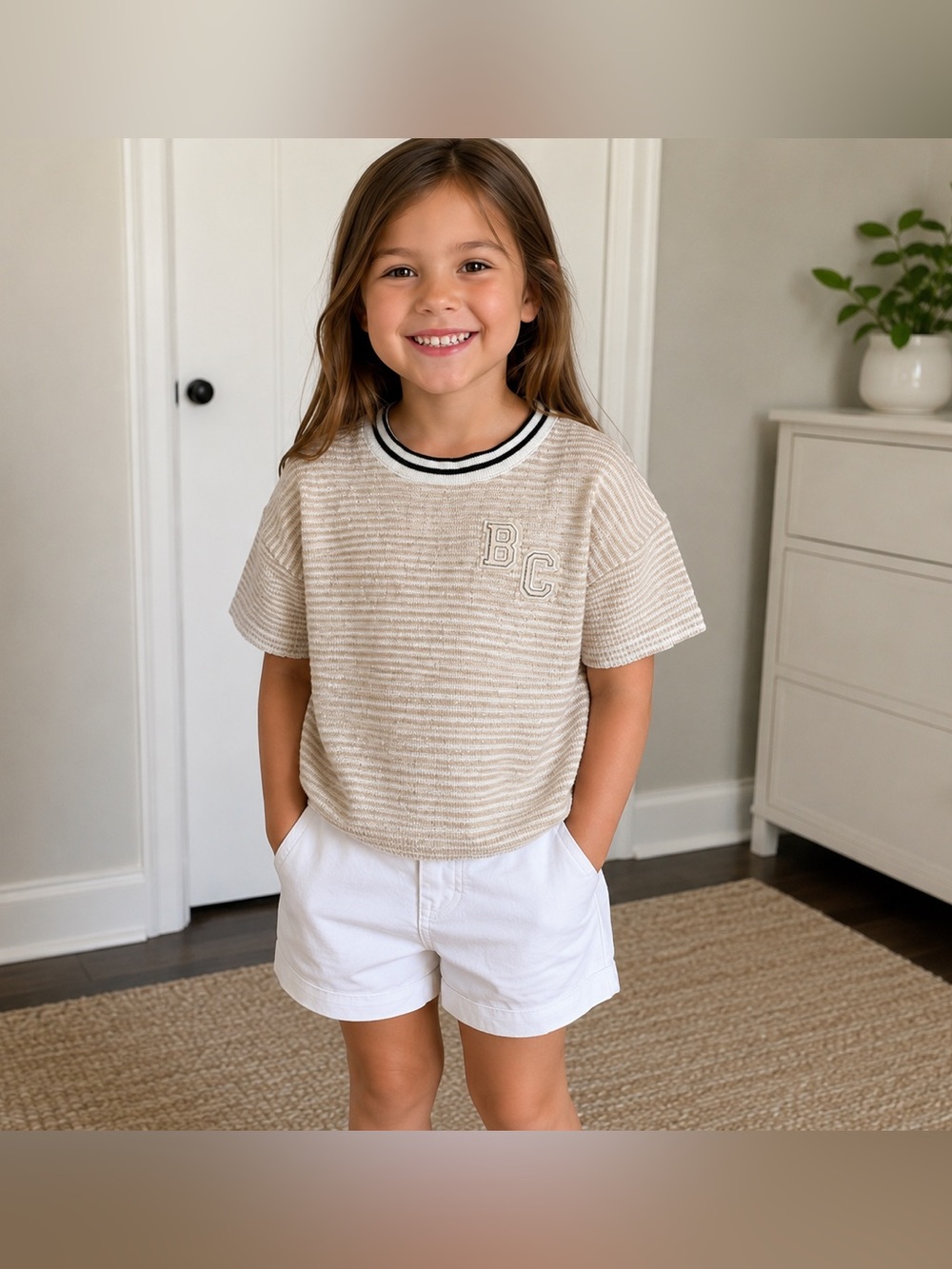 Brunello Cucinelli Girls 6 Metallic Stripe BC Knit Top New